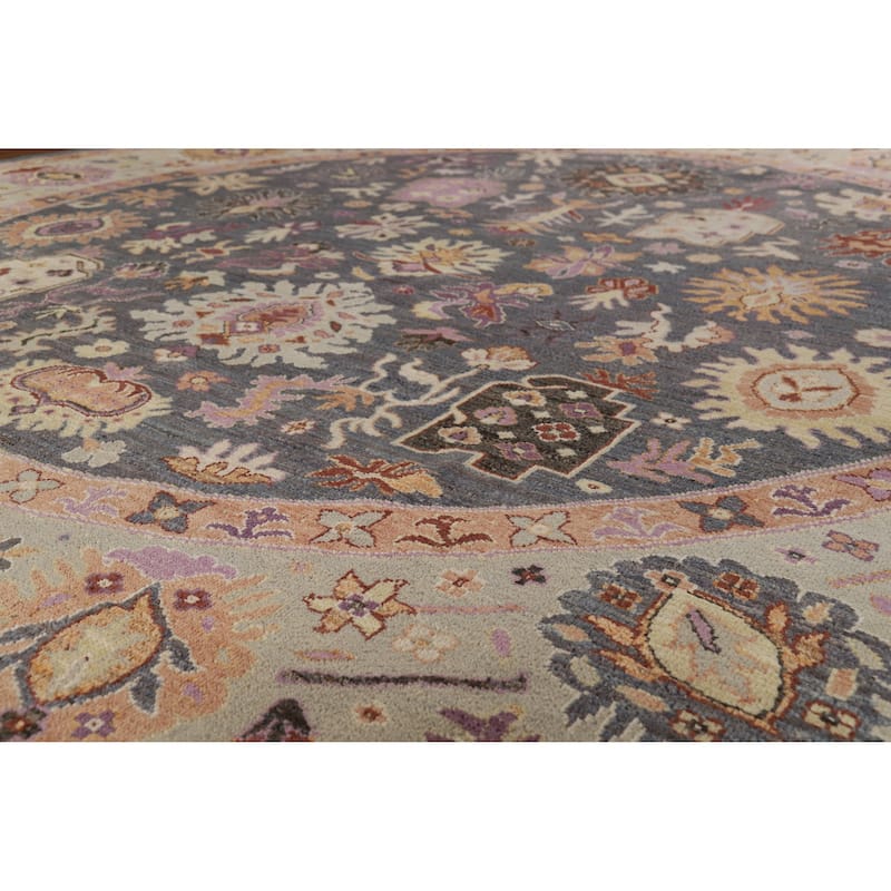 Vegetable Dye Floral Oushak Large Round Rug Handmade Wool Carpet - 11'8" x 11'7"