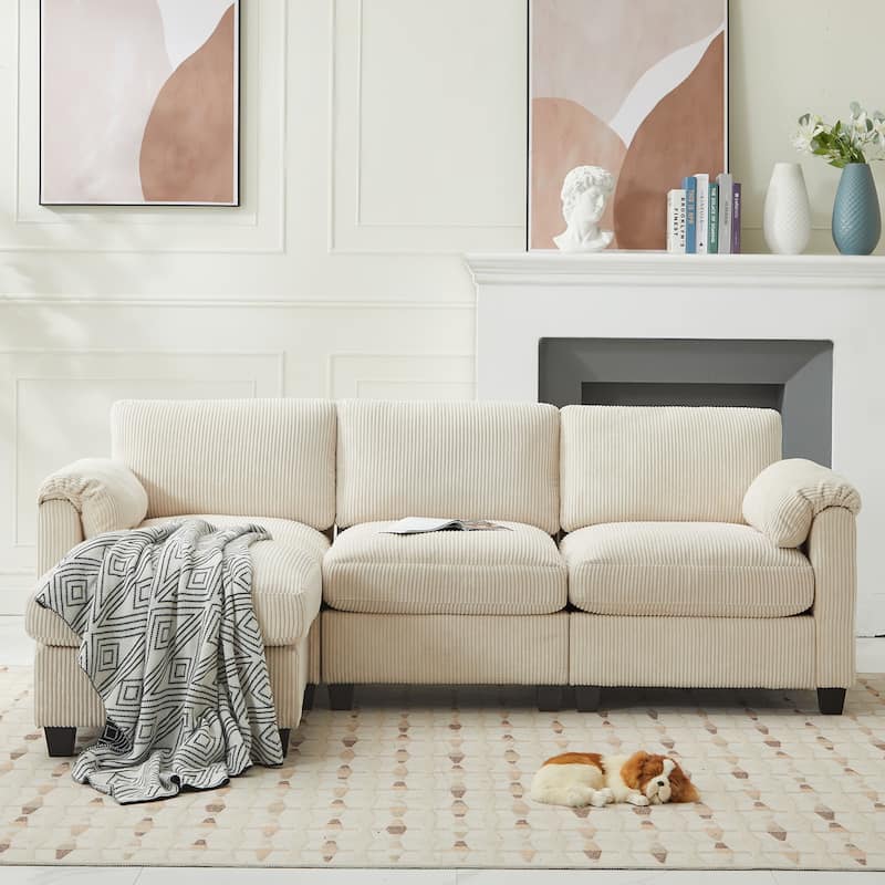Corduroy Sectional Sofa with a Removable Ottoman, L-shaped Reversible 4-seat Modular Couch