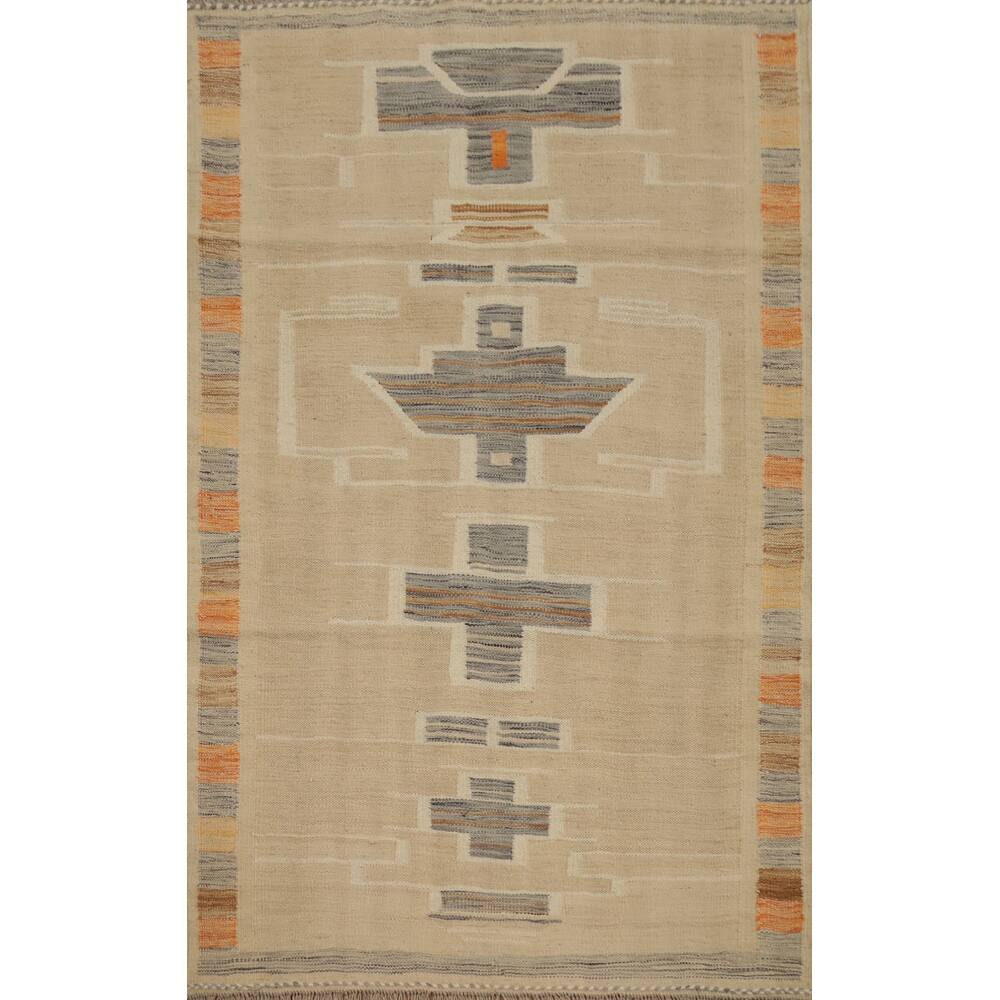 Hand Woven Oriental 100% Wool Carpet Southwestern Tribal Beige & Ivories Kilim Area Rug - 4' 8'' X 3' 4''