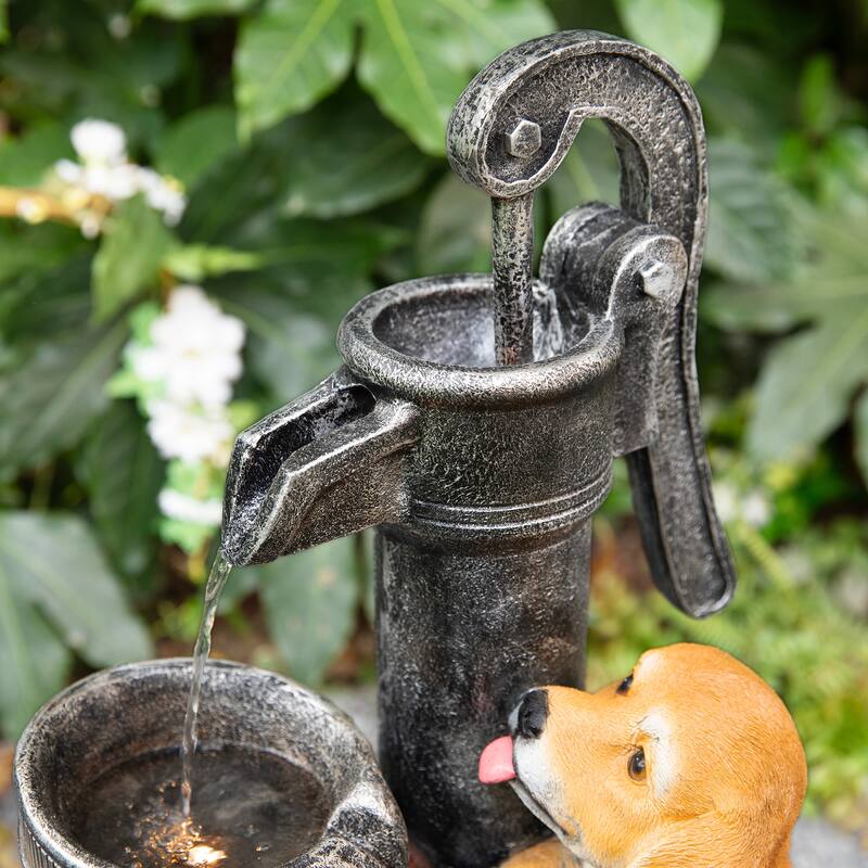 Glitzhome 23.75"H Cute Dog Playing Around the Water Pump Polyresin Outdoor Fountain with Pump and LED Light