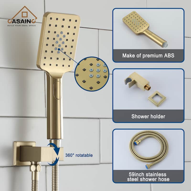 1-Handle 3-Spray Pattern 10 in Wall Mount Shower Head, Tub and Shower Faucet, Brushed Gold (Valve Included) - 10 inch