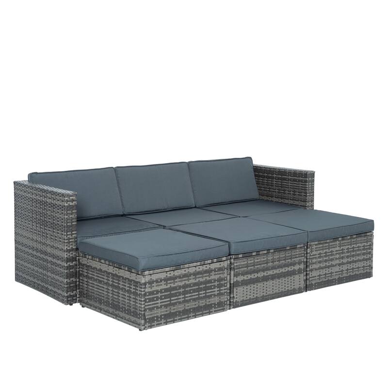 5 Piece Outdoor PE Wicker Sofa Set, Patio Conversation Furniture Set with Lift TOP Coffee Table and Lounger Sofa