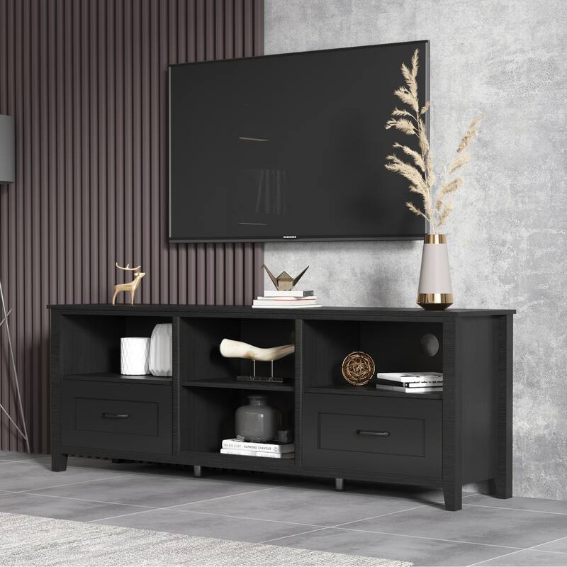 Contemporary TV Stand with 4 Open Storage Compartments and 2 Drawers, Fits 60 TVs, 70 W.