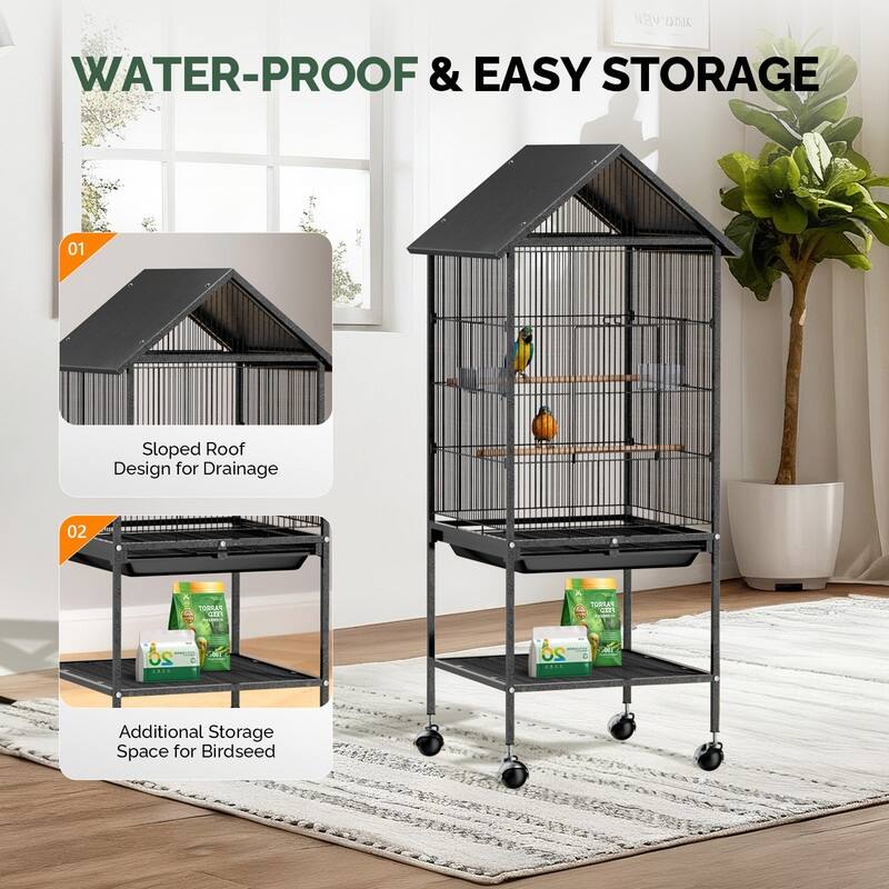 51in Wrought Iron Rolling Bird Cage, Large Flight Cage with Roof-top & Bottom Shelf, for Parrots Cockatiels Small/Medium Birds