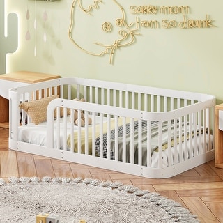Wood Twin Size Wood Floor Bed Frame with Slats and Safety Guardrails, Wood Montessori Floor Bed for Kids, Girls, Boys