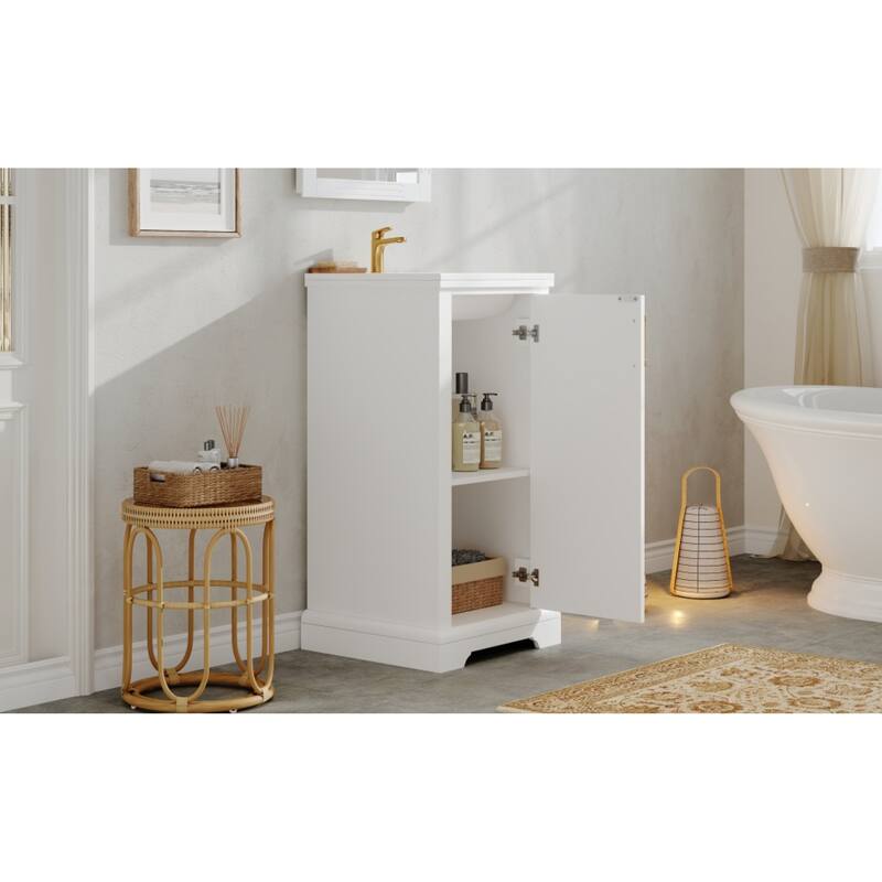 Roomfitters 16 Inch Bathroom Vanity with Ceramic Sink, Freestanding French Style Storage Cabinet & Adjustable Shelf, White