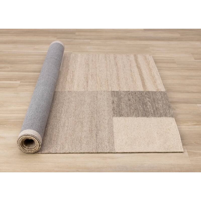 Taupe Beige White Stacked Squares Handmade Wool Rug