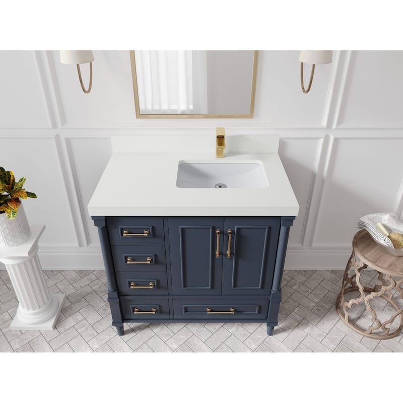 Willow Collections 36 in. W x 22 in. D Aberdeen Right Offset Sink Bathroom Vanity with Countertop - 2" White Quartz - Hale Navy Blue