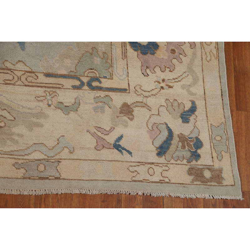 Geometric Oushak Turkish Area Rug Hand-Knotted Blue Wool Carpet - 7'9"x 10'0"