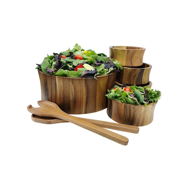 Large Salad Bowl with Serving Utensils and 4 Individuals Bowls