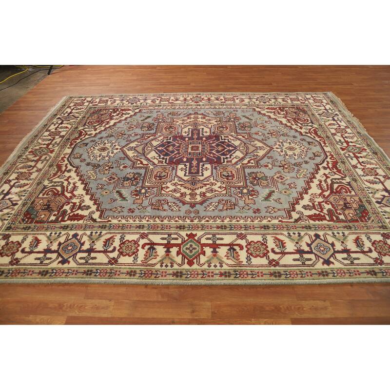 Hand Knotted Oriental 100% Wool Carpet Traditional Medallion Navy Blue & Blues Heriz (serapi) Area Rug - 9' 9'' X 7' 11''