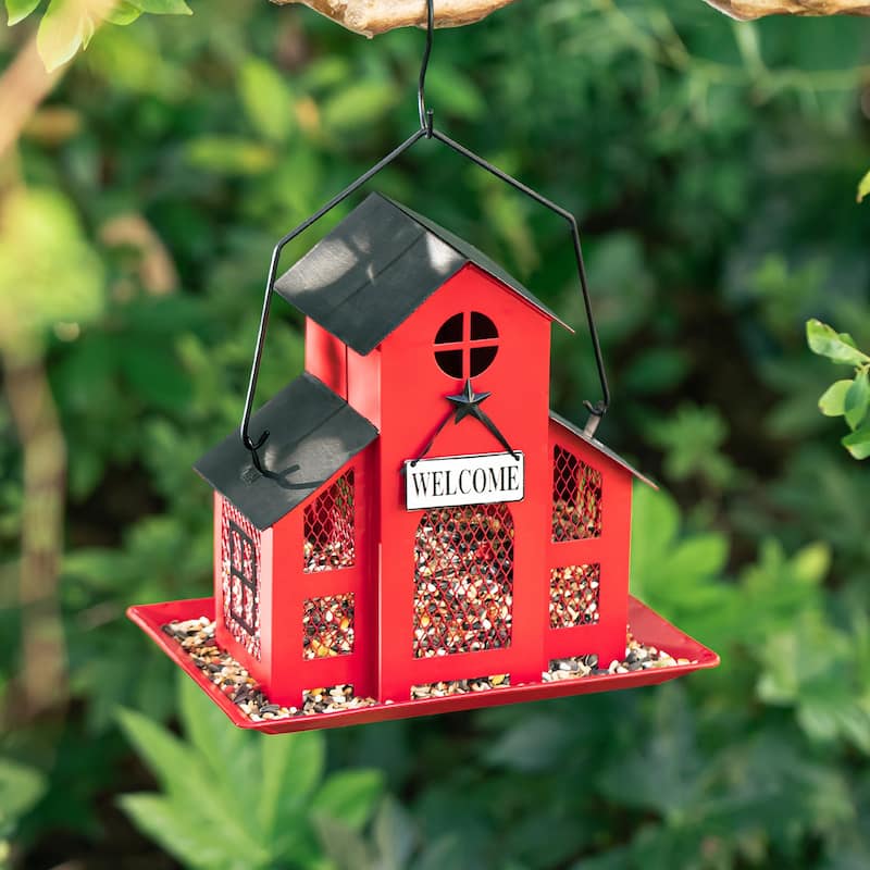 Glitzhome 15.75"H Solid Wood Gazebo Tray Birdfeeder With Metal Roof