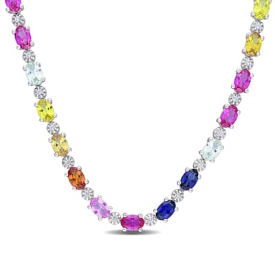 Miadora Sterling Silver 23 7/8ct TGW Oval-cut Multi-color Created Sapphire Tennis Necklace