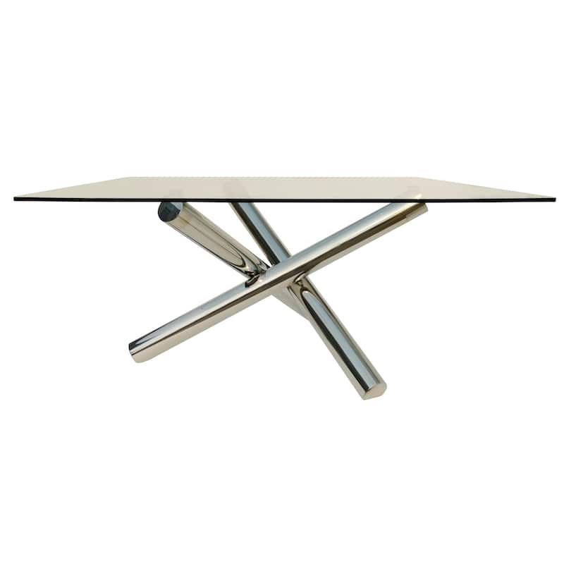HomeRoots 60" Clear and Silver Glass and Metal Cross Leg Base Square Dining Table - 60.00 in. x 30.00 in. x 60.00 in.