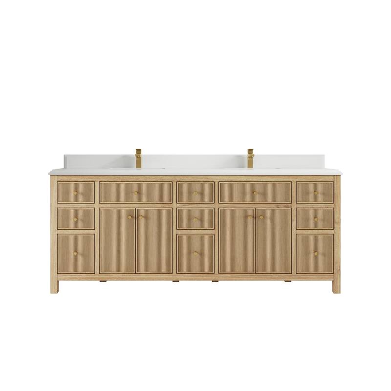 Willow Collections 84 in. W x 22 in. D Sonoma Teak Double Sink Bathroom Vanity with Countertop - 1.5" White Quartz - Light Natural