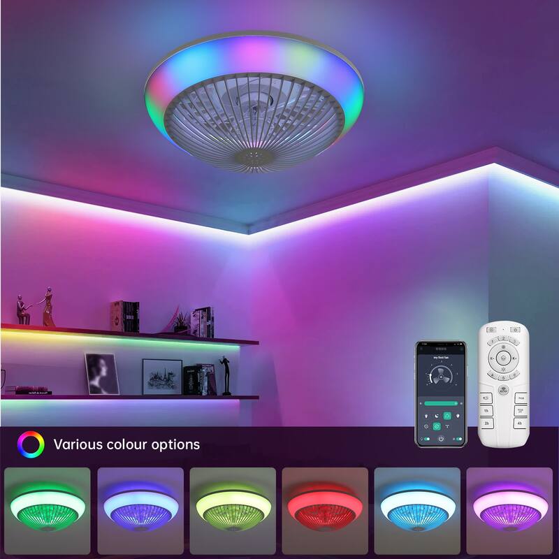 15"/19''/20"/42" RGB Color Dimmable LED Ceiling Fan with APP & Remote Control 6 Wind Speed, with Bluetooth Speaker Optional