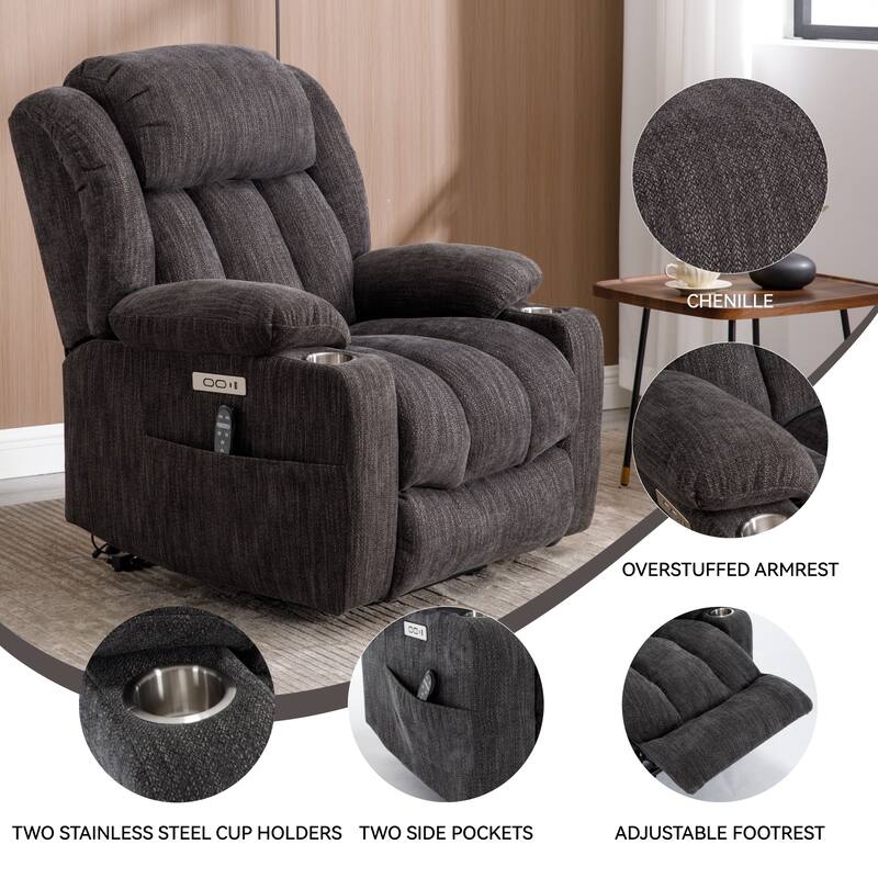 Roomfitters Heavy Duty Power Lift Recliner, Chenille Massage Chair with USB-C Charging and Stainless Cup Holders