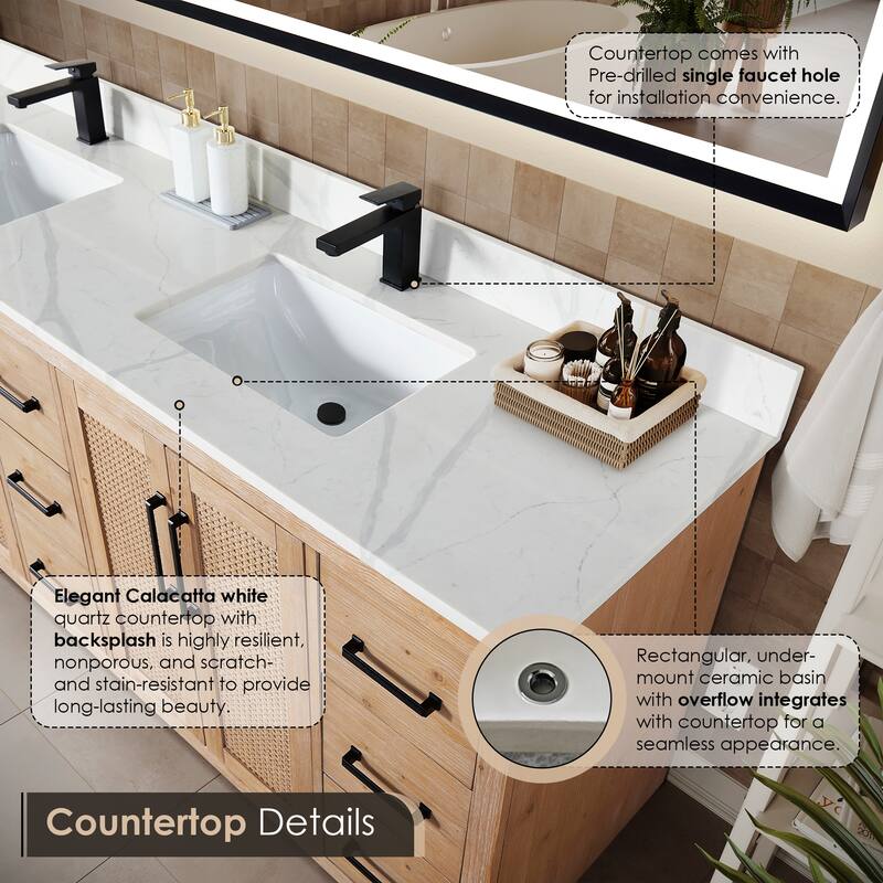Floral Single Bathroom Vanity in Light Brown with Calacatta White Quartz Countertop without Mirror