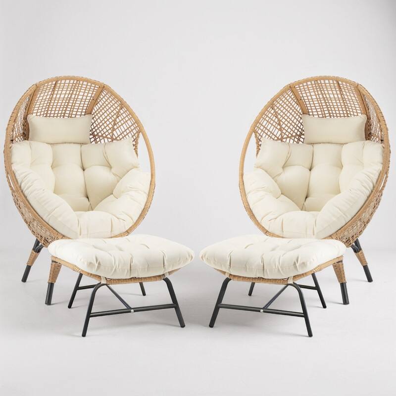 Set of 2 Outdoor Wicker Egg Chairs with Ottomans, 4-Piece Patio Lounge Chair Set, 6.5" Thick Cushions, 440 lbs Capacity - Beige