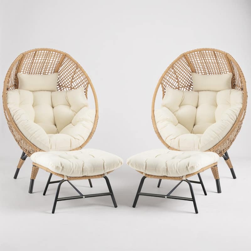Set of 2 Outdoor Wicker Egg Chairs with Ottomans, 4-Piece Patio Lounge Chair Set, 6.5" Thick Cushions, 440 lbs Capacity