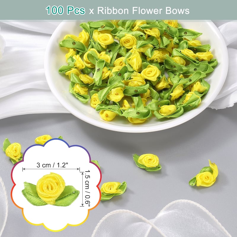 100 Pcs Mini Ribbon Roses Flowers Bows for Crafts, 15mm/0.6" Dia - Yellow