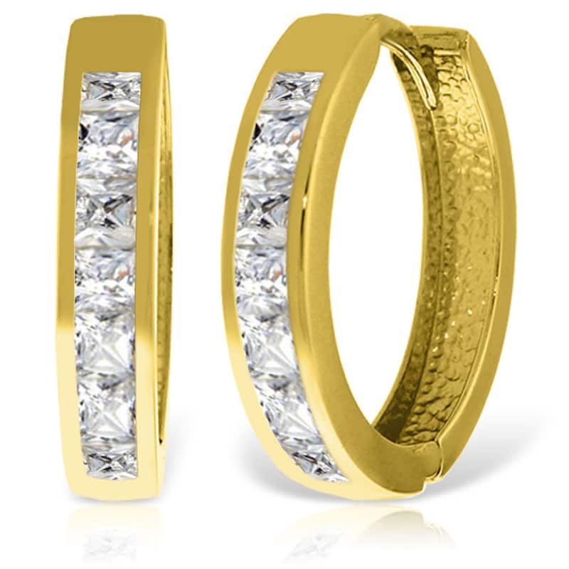 14K Solid Gold Hoop Huggie Gemstone Earrings w/ Natural White Topaz - Yellow