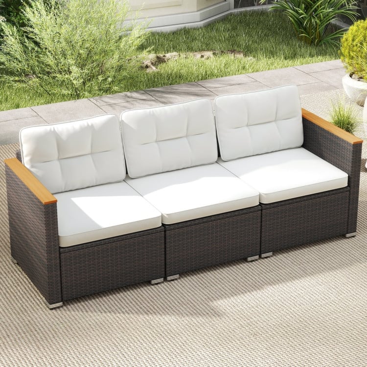 Mix Brown Rattan Metal 3-Seat Patio Sofa with Wood Arms and Cushions - 26" x 76" x 25.5"