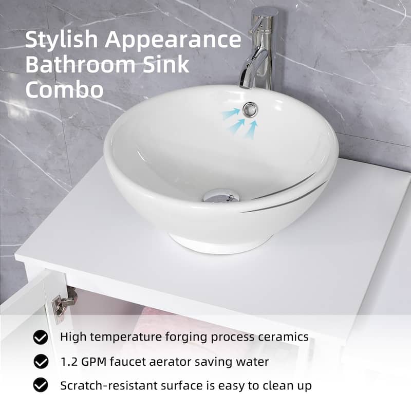 36" White Bathroom Vanity Sink Set with Side Cabinet Vessel Sink Faucet Combo
