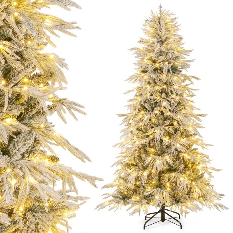 Pre Lit Snow Flocked Artificial Christmas Tree with Warm White LED Lights and Metal Stand