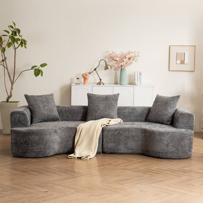 Curved Loveseat Sofa Corduroy Upholstered Couch with 3 Pillows for Living Room, Floor U-shape Settee Cloud Chaise Lounge