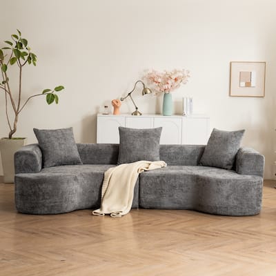 Modern style curved sofa, soft cushioned corduroy sofa with 3 pillows, living room super smooth curved fabric sofa Gray