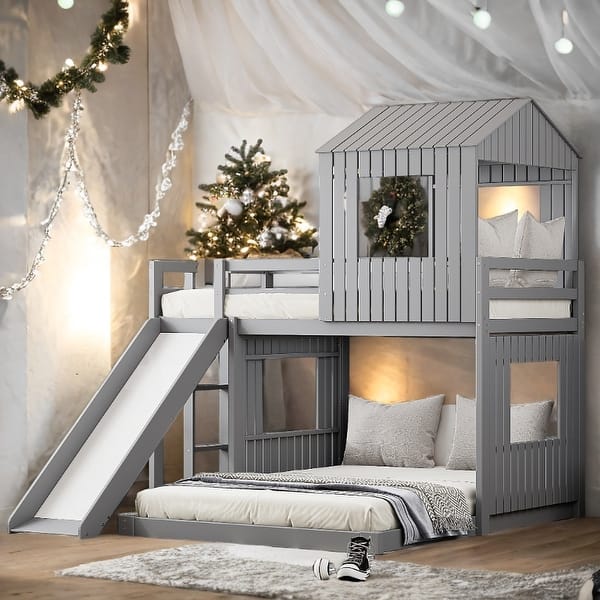 slide 2 of 16, Friendly Design Twin over Full Bunk Bed, Loft Bed with Playhous Gray