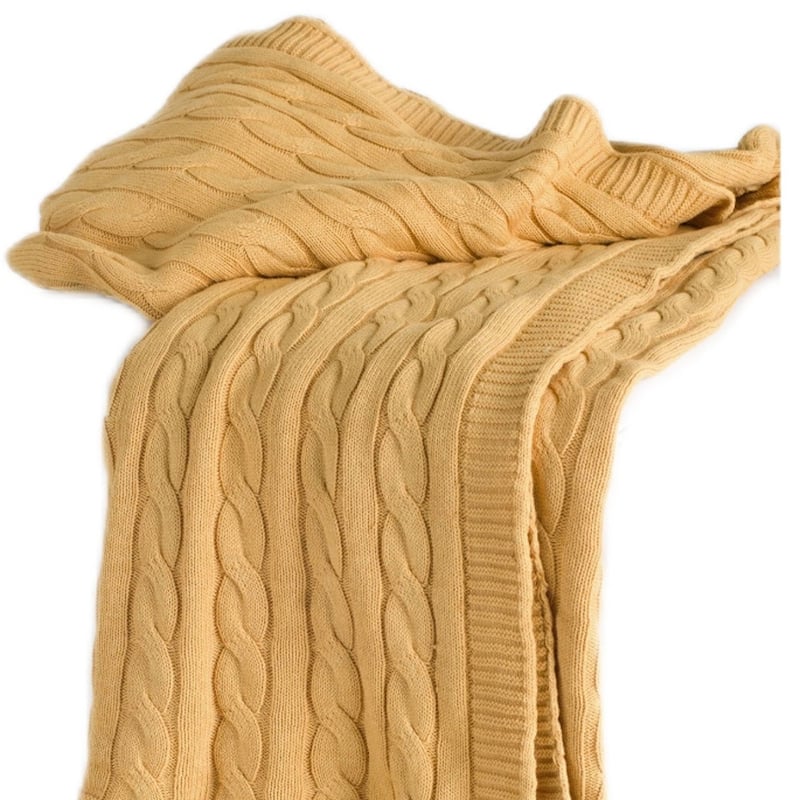 HomeRoots 50" X 60" Yellow Cotton Cable Knitted Throw Throw Blanket