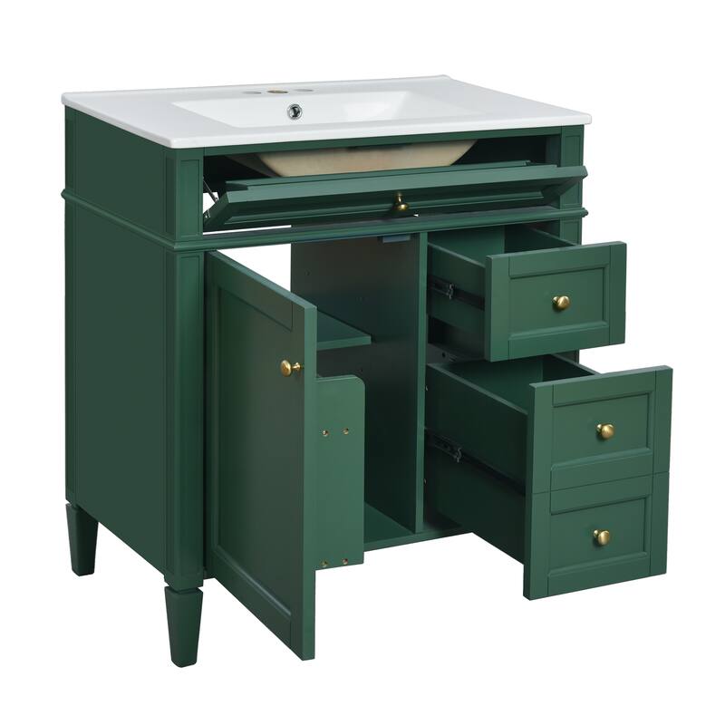 GDFStudio - Caldwell Modern Bathroom Vanity with Ceramic Sink, 2 Storage Drawers and Tip-Out Organizer - 30'W