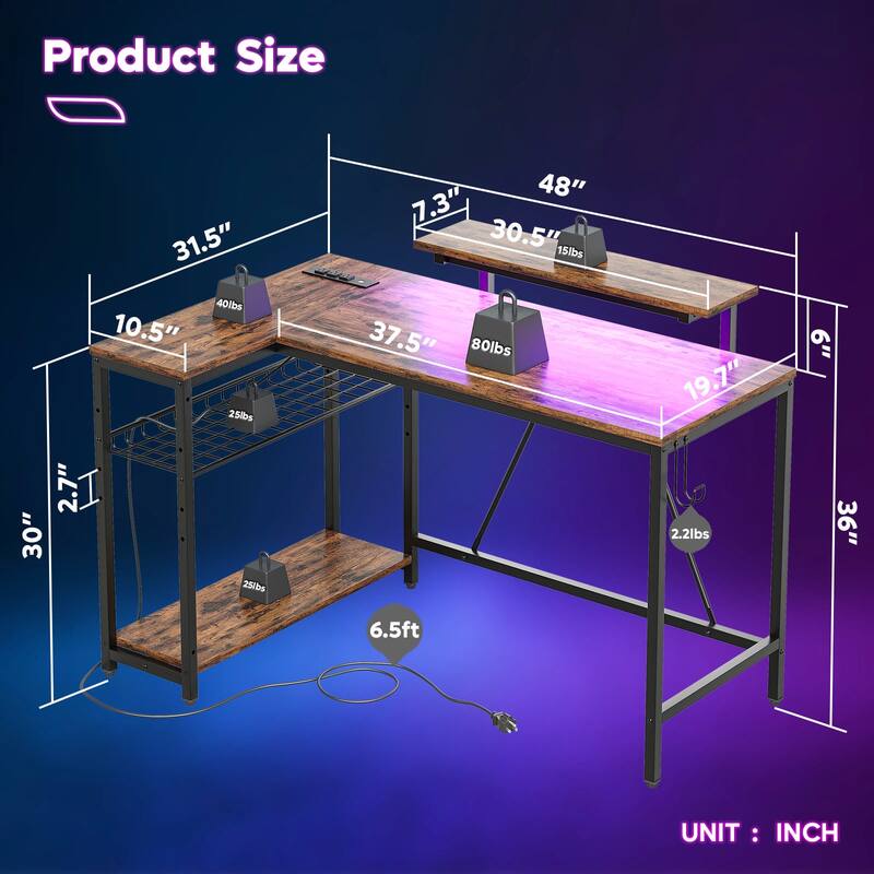 48inch L shaped computer desk with power outlet , Led Gaming desk with Monitor stand