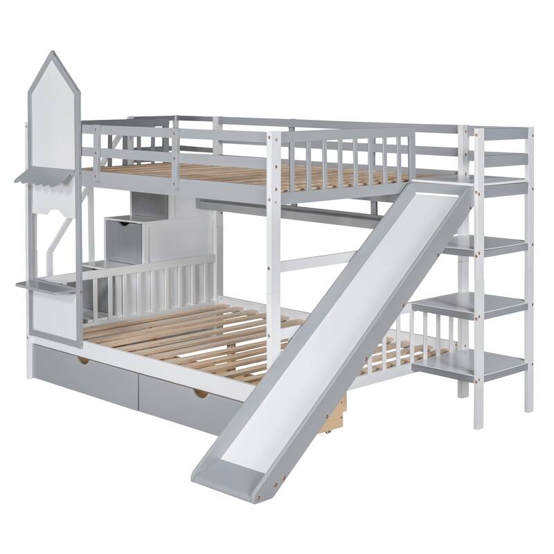 Bunk Bed with 2 Drawers 3 Shelves and Slide