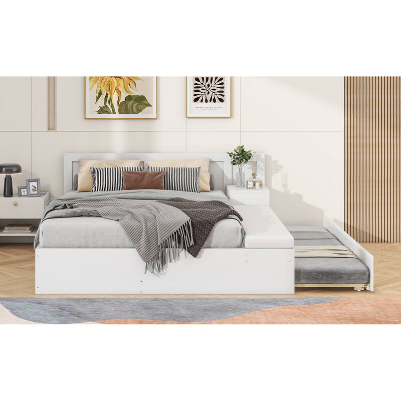 Full Size Wood Storage Hydraulic Platform Bed with Twin Size Trundle, Side Table and Lounge