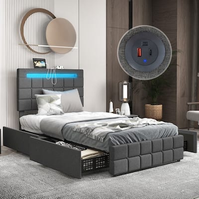 Gymax Twin Upholstered Platform Bed with LED Headboard Charging