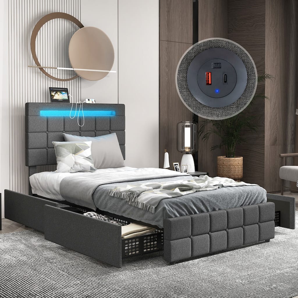 Gymax Twin Upholstered Platform Bed with LED Headboard Charging