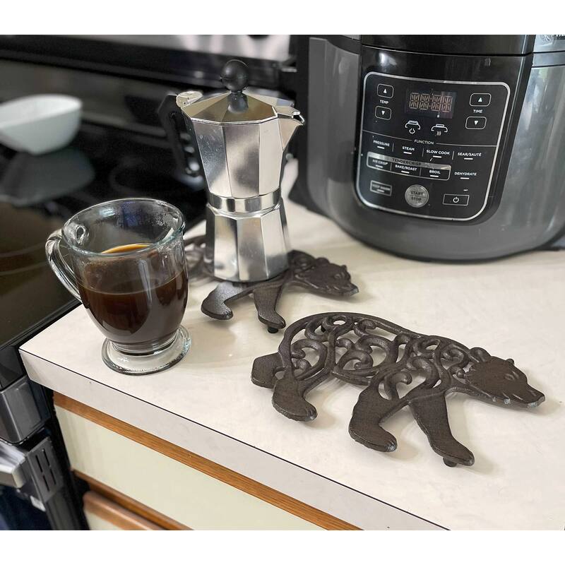 Set Of 2 Black Enamel Cast Iron Bear Kitchen Trivets Lodge Decor - 0.5 X 9 X 6 inches