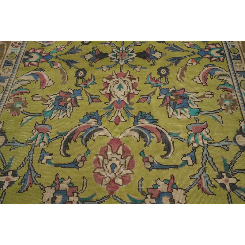 Hand Knotted Oriental 100% Wool Carpet Traditional Floral Green Tabriz Area Rug - 9' 1'' X 6' 3''