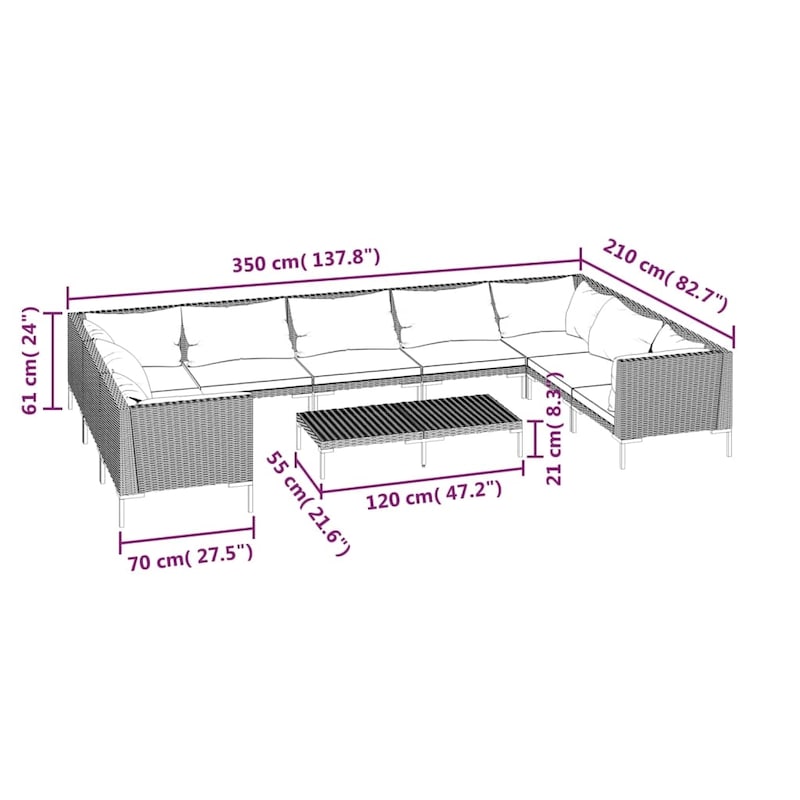 vidaXL Patio Lounge Set Outdoor Sectional Corner Sofa Poly Rattan Dark Grey - 27.6" x 27.6" x 24"