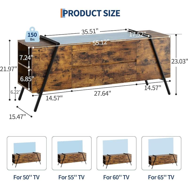 TV Stand, with 2 Drawers and U-Shaped Metal Base