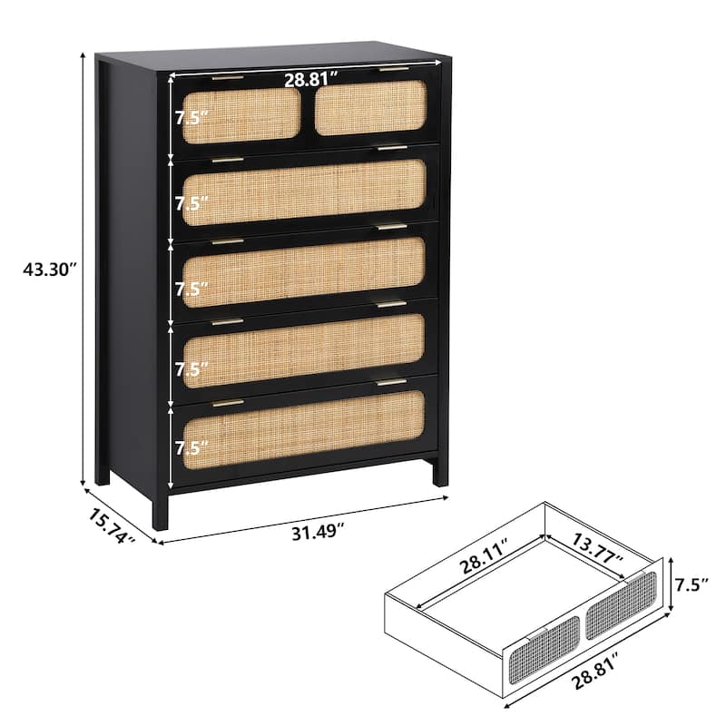 Wooden Rattan 5-Drawer Storage Cabinet Dresser