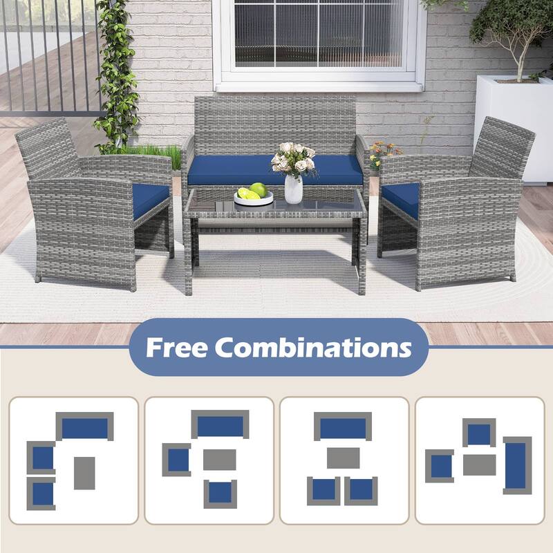 Gymax 4 Piece Patio Furniture Set Outdoor Wicker Conversation Set w/