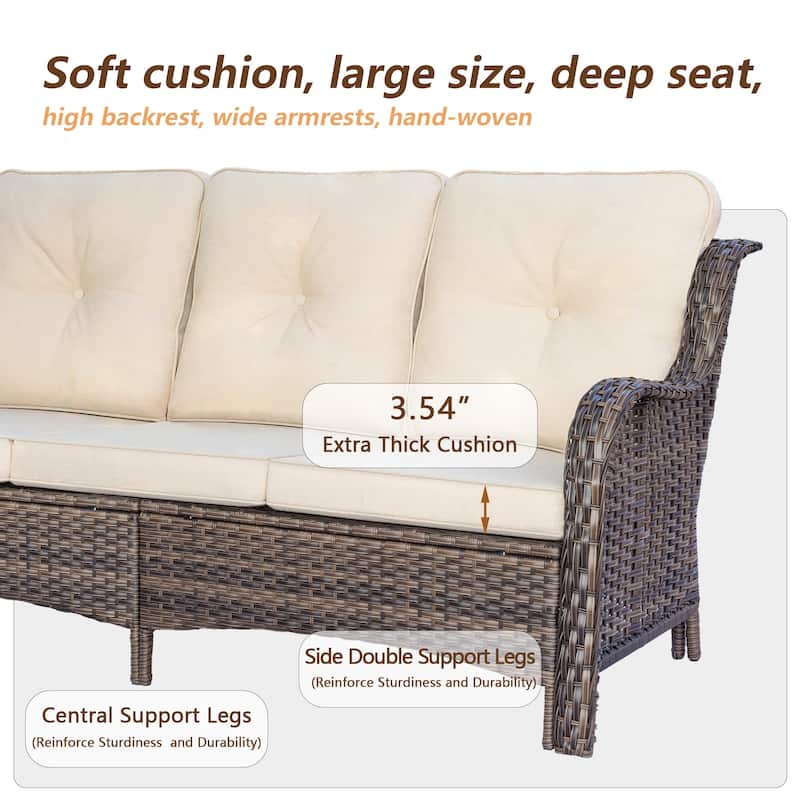 Brown Wicker Outdoor Patio Conversation Seating Sets with Beige Cushions