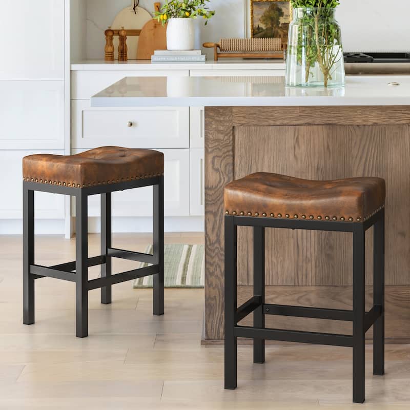 Backless Cushioned Faux Leather Bar Stools Counter Height Stools with Metal Frame - 24" H