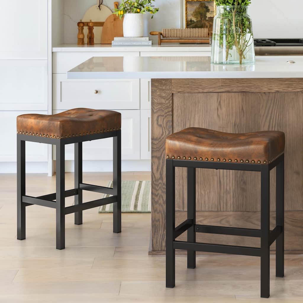 Backless Cushioned Faux Leather Bar Stools Counter Height Stools with Metal Frame - 24" H