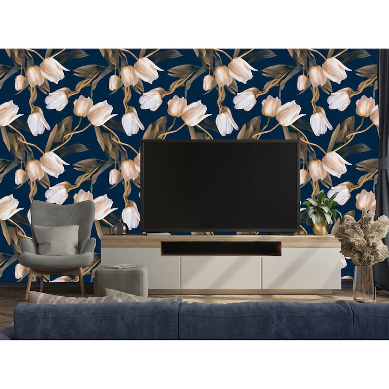 Bravissimo Navy Blue Tulips Peel and Stick Wallpaper - 24'' inch x 10'ft