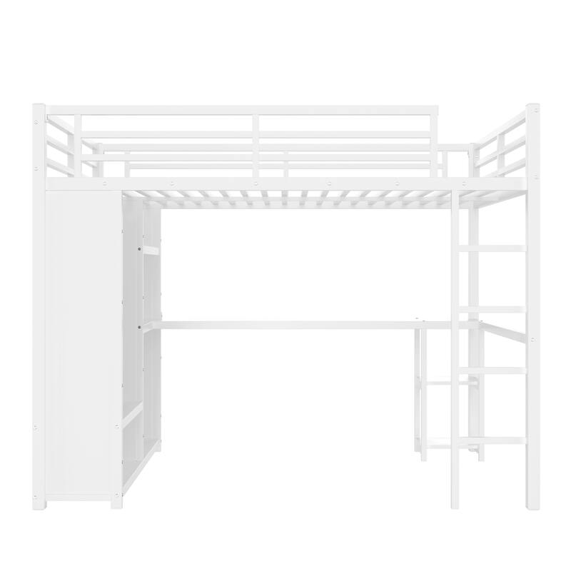 Roomfitters Queen Size Metal Loft Bed Frame with Built-in Wardrobe, Desk & Storage Shelves, Space-Saving Design, White
